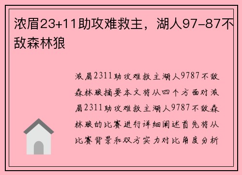 浓眉23+11助攻难救主，湖人97-87不敌森林狼